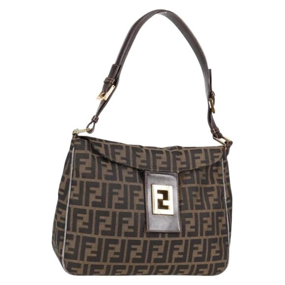 FENDI Zucca Canvas Shoulder Bag Black Brown gold Auth 129703 - Picture 1 of 16